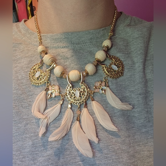 Pink Feather Gem Statement Necklace *S71 - Picture 2 of 6